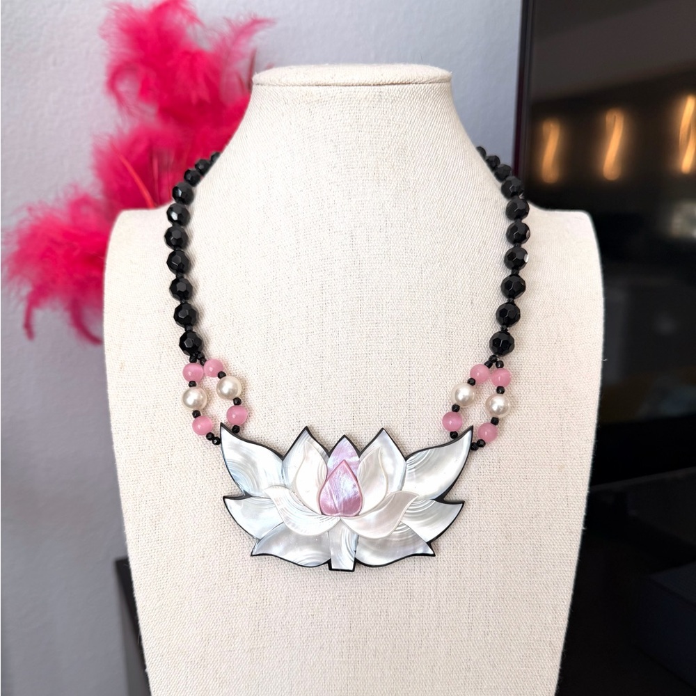 Artisan Pink & White Lotus Pendant Necklace